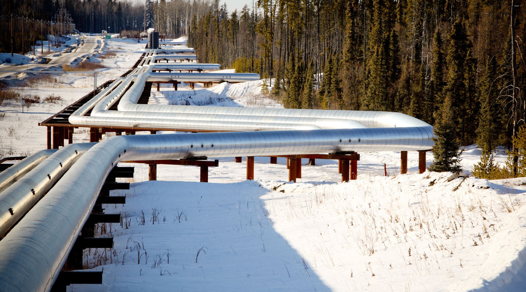 Image of silver pipeline running through a snowy forest Image of silver pipeline running through a snowy forest